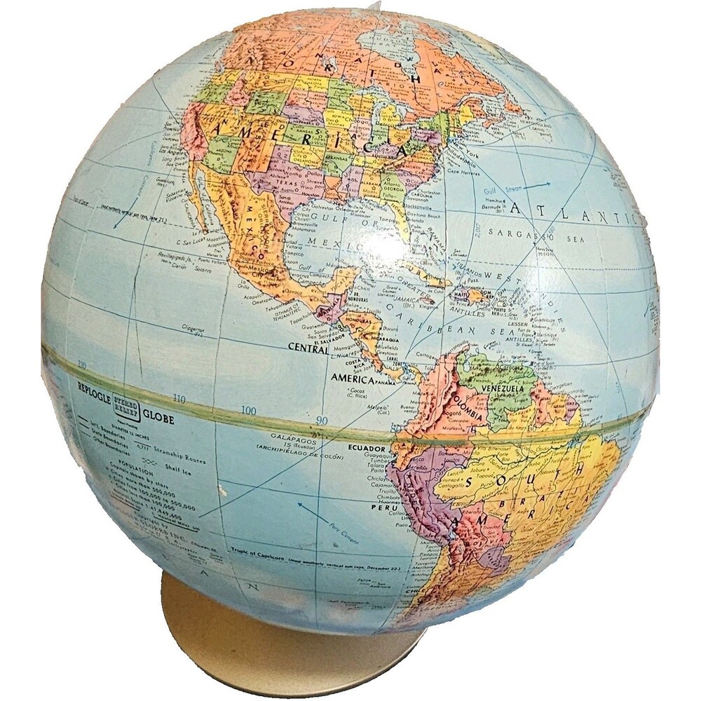 Vintage Replogle 12” Stereo Relief World Globe w/ Metal Base Mid Century Map